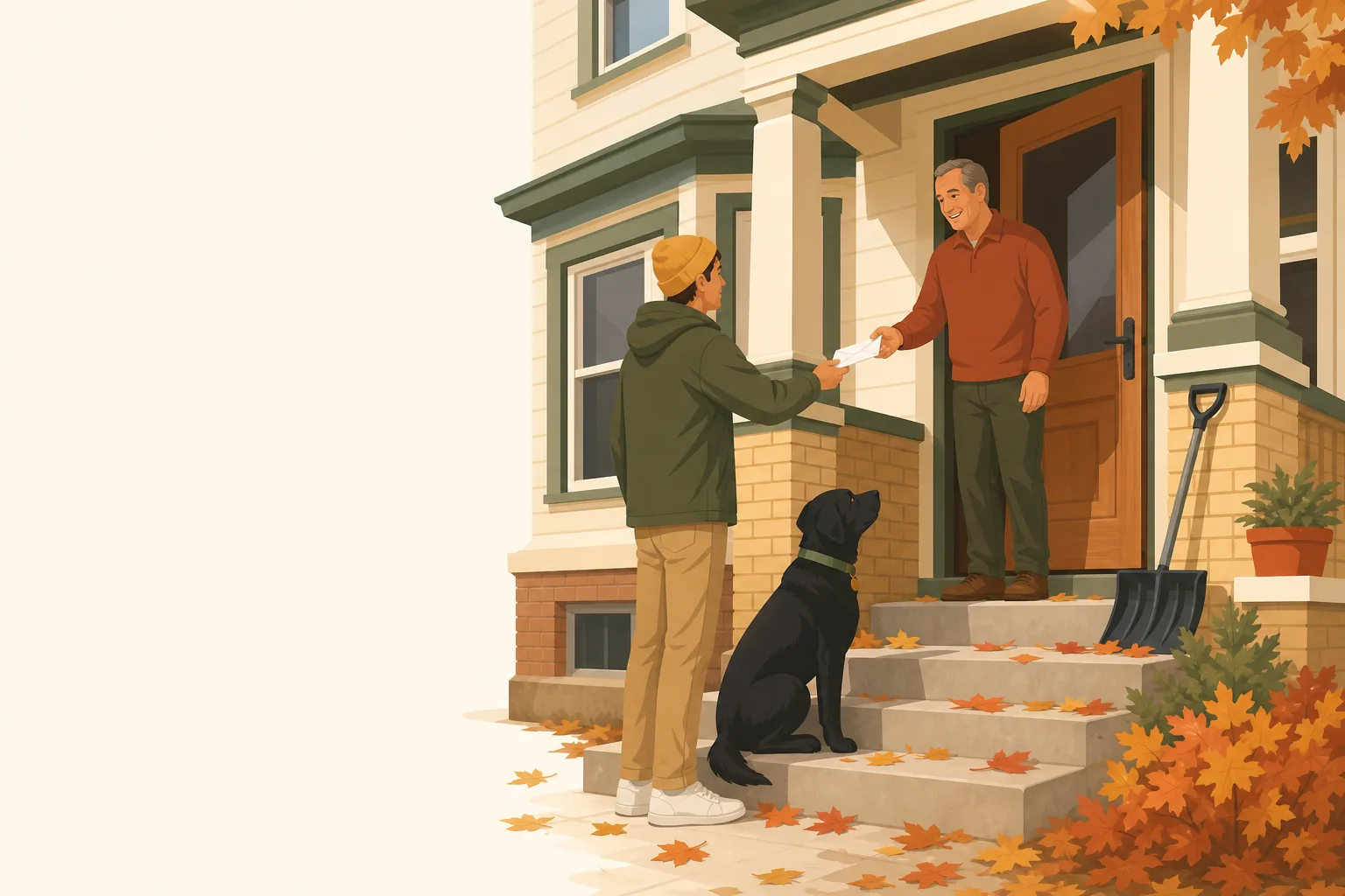 Illustration of a renter handing a letter to a landlord at the door of a Wisconsin home, a small dog at their feet