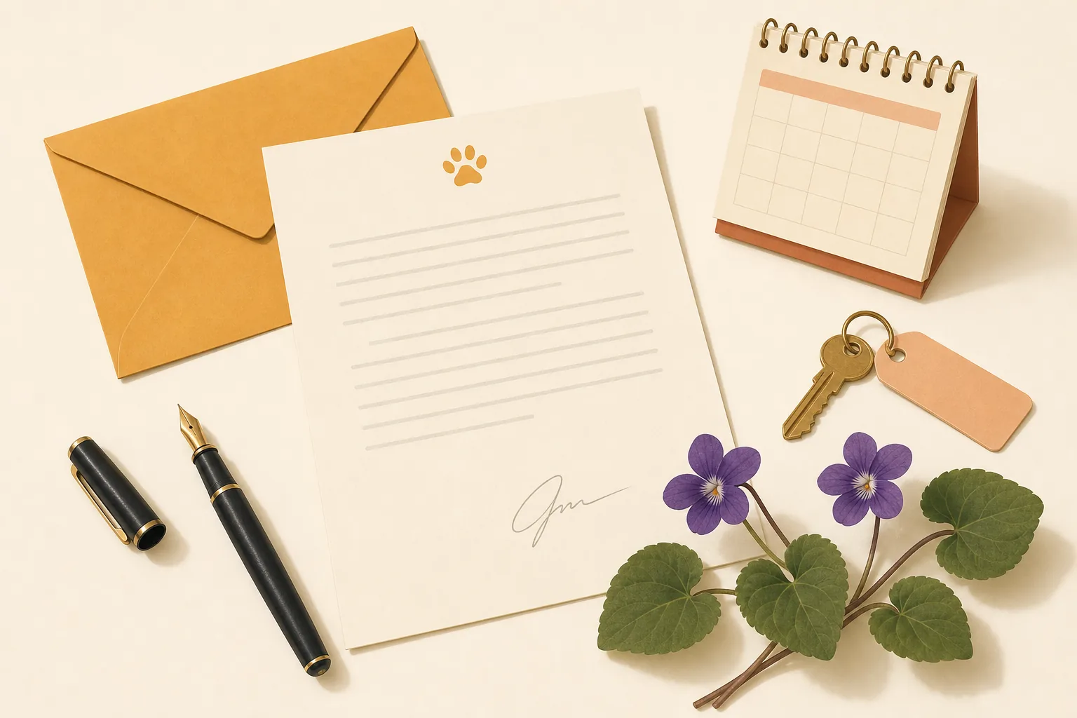 Illustration of a signed letter on letterhead with an envelope, a pen, a key and a calendar